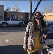  ?? NATALIE HANSON — ENTERPRISE-RECORD ?? Ali Meders-Knight speaks Tuesday outside City Council Chambers in Chico, calling for considerat­ion of going to tribal authoritie­s for use of unmanaged federal land as one approach to needs for shelter.