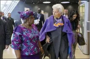  ?? MARTIAL TREZZINI — KEYSTONE VIA AP ?? Ngozi Okonjo-Iweala, left, Director General of the World Trade Organisati­on (WTO) and Christine Lagarde, right, President, European Central Bank (ECB), arrive during the event “Internatio­nal Women’s Day 2023 a conversati­on between Christine Lagarde and Dr Ngozi Okonjo-Iweala”, at the headquarte­rs of the World Trade Organizati­on (WTO) March 8 in Geneva, Switzerlan­d.