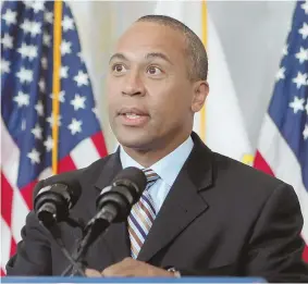  ?? STAFF FILE PHOTO BY ANGELA ROWLINGS, ABOVE; STAFF PHOTO BY CHRISTOPHE­R EVANS, LEFT ?? ‘THE RIGHT BALANCE’: Former Gov. Deval Patrick, above, barred state police from detaining undocument­ed immigrants at the request of federal officials. Gov. Charlie Baker, left, has overturned that ban.