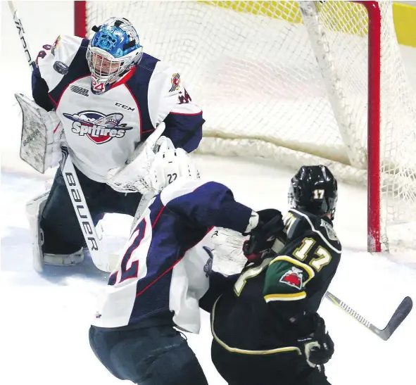  ?? — POSTMEDIA NEWS FILES ?? Mike DiPietro of the Windsor Spitfires posted a shutout against the Flint Firestones on Sunday afternoon, his OHL-leading seventh of the season. DiPietro is one of two solid goaltendin­g prospects for the Vancouver Canucks.
