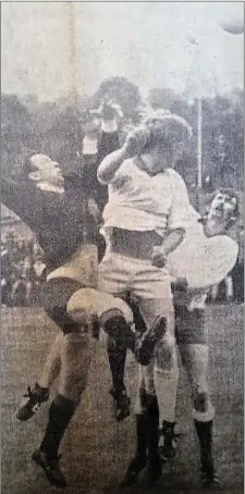  ??  ?? Tommy Murphy and Peter Burke in control around the middle for Baltinglas­s in the semi-final of 1976 when Baltinglas­s defeated Newtown 0-12 to 2-5.