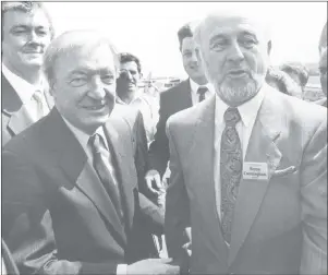  ??  ?? Taoiseach Charles Haughey is greeted by Kerry County Airport chairman Bryan Cunningham.