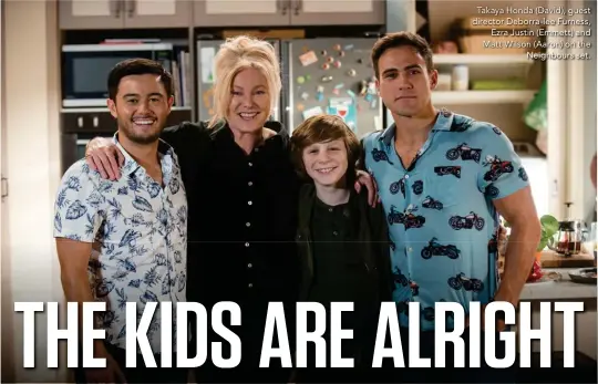  ??  ?? Takaya Honda (David), guest director Deborra-lee Furness, Ezra Justin (Emmett) and Matt Wilson (Aaron) on the Neighbours set.