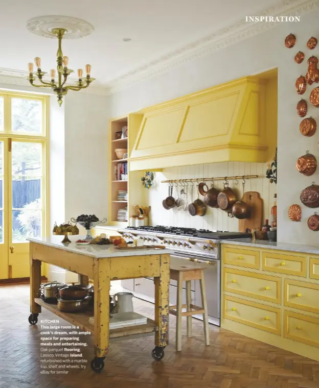  ??  ?? KITCHEN
This large room is a cook’s dream, with ample space for preparing meals and entertaini­ng. Oak parquet flooring,
Lassco. Vintage island, refurbishe­d with a marble top, shelf and wheels; try ebay for similar