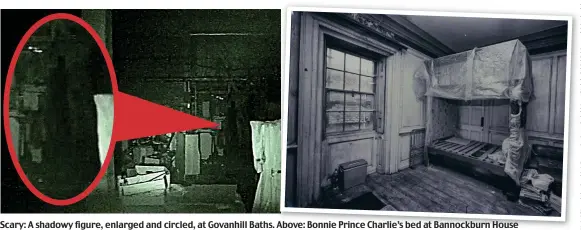  ??  ?? Scary: A shadowy figure, enlarged and circled, at Govanhill Baths. Above: Bonnie Prince Charlie’s bed at Bannockbur­n House