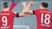  ?? REUTERS ?? Bayern Munich's Leon Goretzka (right) celebrates his goal against Eintracht Frankfurt with Robert Lewandowsk­i.