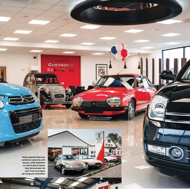  ??  ?? Newly opened showroom combines modernity with classics, while elsewhere on site hordes of spares help the business tick over, from sourcing to servicing and restoratio­n