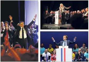  ?? (Photos P. Bl., F. M. et L. B.) ?? Si François Fillon (à gauche) et Emmanuel Macron (en bas à droite) sont passés par Toulon durant la campagne, Marine Le Pen avait tenu sa réunion publique à Six-Fours.
