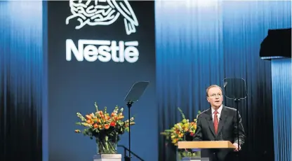  ?? /Reuters ?? Deal brewing: Nestlé CEO Mark Schneider speaks during the opening of the 151st annual general meeting of Nestlé in Lausanne, Switzerlan­d, on April 12.