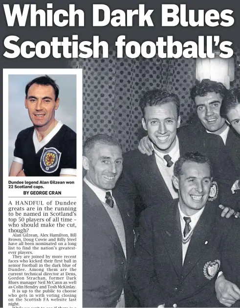  ??  ?? Dundee legend Alan Gilzean won 22 Scotland caps.
Dundee players and official celebratin­g after their League Cup Final George Christie, Gerry Follon. Front row – Johnny Pattillo, Alf Boyd,