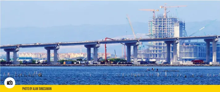  ?? PHOTO BY ALAN TANGCAWAN ?? TAKING SHAPE. The Cebu-Cordova Link Expressway (CCLEX), expected to be completed in December 2021, is more than halfway done. The 8.5-kilometer toll bridge will link Cebu City to Cordova through the South Road Properties.