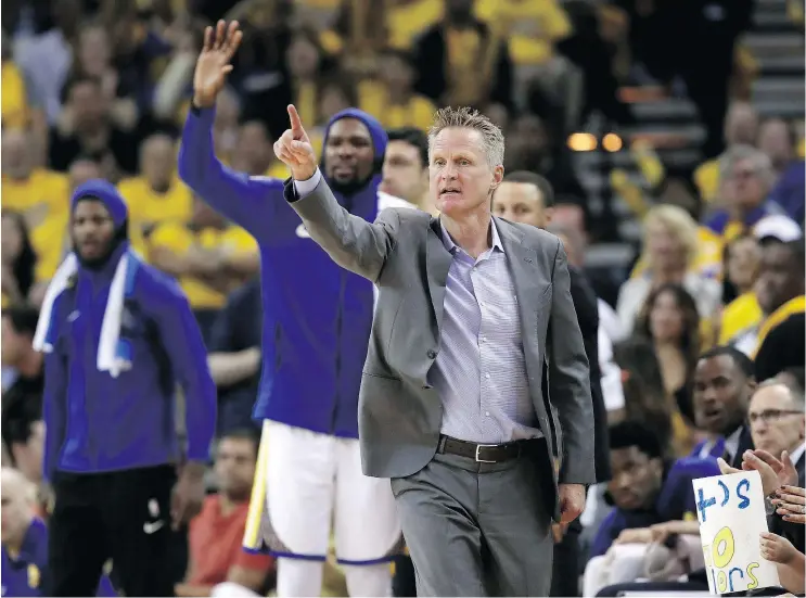  ?? — GETTY IMAGES ?? Head coach Steve Kerr and the defending champion Warriors will begin the Western Conference final on the road in Houston against the No. 1-seeded Rockets.