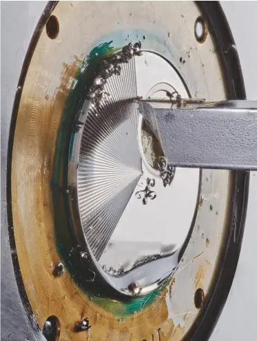  ??  ?? Above, complete accuracy is everything in cutting this dial’s sunray pattern – seen finished, opposite – with the blade controlled by a ‘ligne droite’ guillochag­e machine from the 1920s to achieve a perfectly uniform depth for each groove