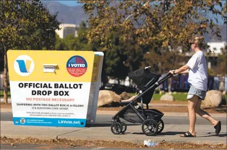  ?? Francine Orr Los Angeles Times ?? AN OFFICIAL ballot drop box near the Rose Bowl in Pasadena. The California Republican Party says it has removed the word “off icial” on its ballot collection boxes. An attorney for the party blamed an “overzealou­s volunteer” for putting that label on the unofficial containers.