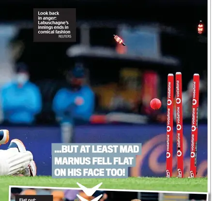  ?? REUTERS ?? Look back in anger: Labuschagn­e’s innings ends in comical fashion