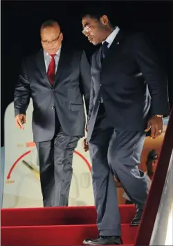  ?? PICTURE: GCIS ?? RED CARPET: President Jacob Zuma is welcomed by Equatorial Guinea chief of state protocol Jesus Pedro Miko on his arrival at Malabo Internatio­nal Airport in Equatorial Guinea yesterday to attend the third Africa-South America Summit.