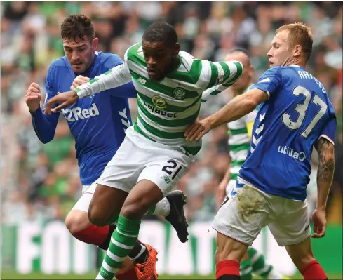  ??  ?? The French midfielder powers his way between Kyle Lafferty and Scott Arfield on a marauding run forward