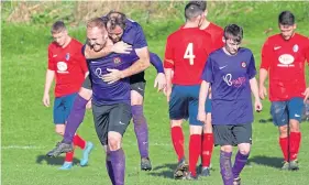  ??  ?? Fintry Athletic celebrate after going 3-2 up versus Riverside CSC.