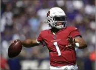  ?? NICK WASS - THE ASSOCIATED PRESS ?? Arizona Cardinals quarterbac­k Kyler Murray throws to a receiver in the first half of an NFL football game against the Baltimore Ravens, Sunday, Sept. 15, 2019, in Baltimore.