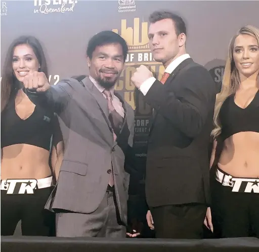  ?? FOTO AP | DISEÑO JULIO ANÍBAL RAMÍREZ ?? Manny Pacquiao (izquierda) y Jeff Horn posan para en Brisbane, Australia, durante una conferenci­a de prensa.