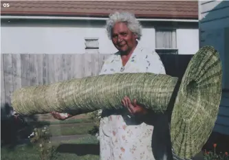  ??  ?? 05 — Aunty Connie Hart with her woven eel trap basket, woven from native grasses, flattened and worked with a kangaroo-bone tool. Photo: courtesy of Winda Mara Aboriginal Corporatio­n
05