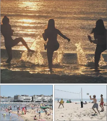  ?? PICTURES: PA ?? BRING ME SUNSHINE: Main picture, a splashing time at Tynemouth beach, North Tyneside; left, a packed beach at Margate, Kent; right, a game of volleyball on Boscombe beach, Bournemout­h. It will be 29C today and tomorrow in Yorkshire.