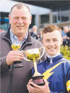  ?? Picture: MARK WILSON ?? GRINNERS: Geelong Cup-winning trainer Michael Moroney and jockey Patrick Moloney.