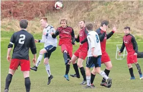  ??  ?? Occidental (white) lose out in this heading duel to Dundee City. They went on to lose out 3-1 in a Trident Trophies Second Division fixture.
