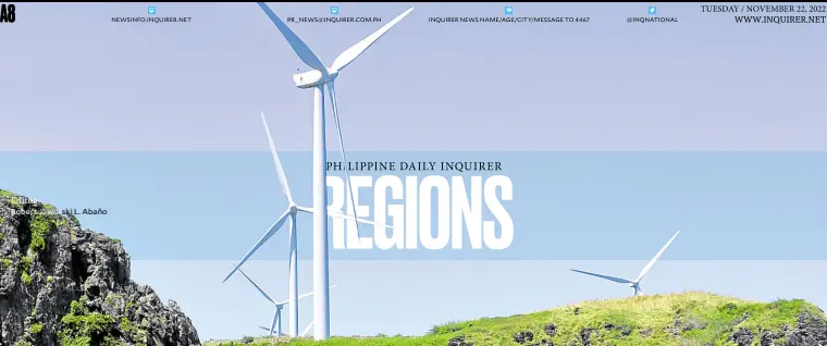  ?? —WILLIE LOMIBAO ?? Editor
Robert Jaworski L. Abaño
DIVERSE RESOURCES While the province of Ilocos Norte is known for renewable sources of energy such as this wind farm in Burgos town, Gov. Matthew Manotoc is pushing for mining of nonrenewab­le metallic and nonmetalli­c minerals when he spoke at a mining summit in Baguio City recently, noting the diverse resources that the province has to offer.