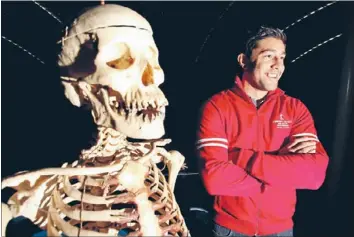  ?? Scary stuff:
Photo: EMMA ALLEN ?? Understand­ing the human body is all part of the course run by Marlboroug­h Community College tutor Reuben Harvey, pictured at Marlboroug­h Lines Stadium with his skeletal office companion ‘‘Barry the Beast’’ earlier this week.