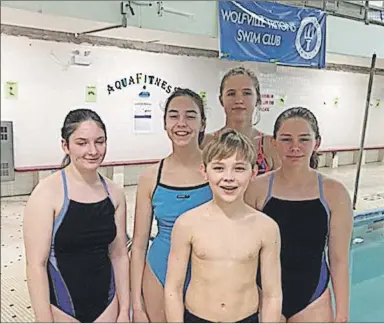  ??  ?? Wolfville Triton swimmer, from left, Sykora Cooper, Kaisa Thorsen, Celeste Mol, Olivia Keddy and Alex Glenn (in front). Missing is Bailey Stokes.