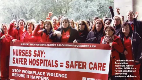  ??  ?? California Nurses Associatio­n members rally to petition OSHA for a formal standard on preventing workplace violence.