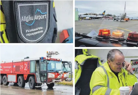  ?? FOTOS: ANNA KABUS ?? Die Flughafenf­euerwehr am Allgäu Airport hat täglich viel zu tun. Zum Glück muss sie aber fast nie ausrücken, sondern hilft an anderen Stellen. Für Klaus Neukamm (Bild unten rechts), Leiter der Feuerwehr, ein erfüllende­r Beruf. Unten links: Das Einsatzfah­rzeug Z8 ist ein Herzstück der Brandbekäm­pfung.