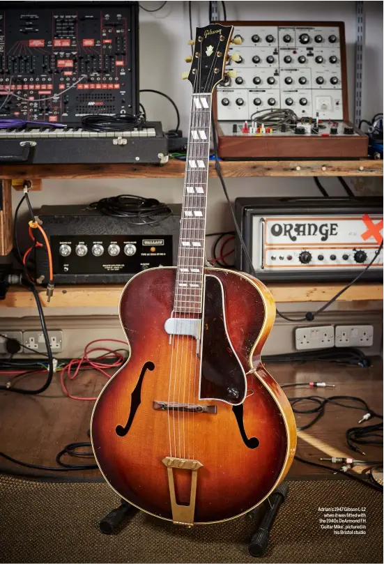  ??  ?? Adrian’s 1947 Gibson L-12 when it was fitted with the 1940s DeArmond FH ‘Guitar Mike’, pictured in his Bristol studio