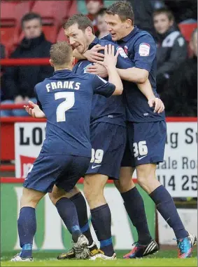  ?? PICTURES: Martyn Harrison ?? DOUBLE TROUBLE: Steve Howard scores Hartlepool’s first goal