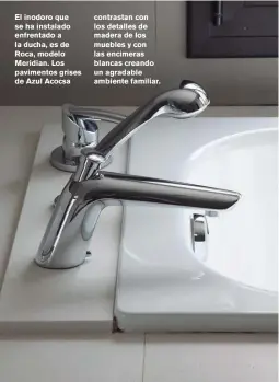  ??  ?? El inodoro que se ha instalado enfrentado a la ducha, es de Roca, modelo Meridian. Los pavimentos grises de Azul Acocsa contrastan con los detalles de madera de los muebles y con las encimeras blancas creando un agradable ambiente familiar.