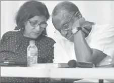  ??  ?? Director of the Lloyd Best Institute Sunity Maharaj, speaks to economist Dr Terrance Farrell during a public forum on the closure of the refinery of state owned Petrotrin, at San Fernando City Hall on Wednesday.