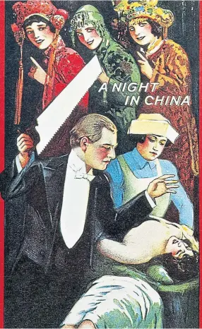  ??  ?? From above, clockwise: A poster from 1936 depicting Joseph “Carter the Great” Carter performing the “sawing a woman in half” illusion; Mick Magic (Mark Fisken) as Kramus the Wizard; Paul Daniels; Kevin Quantum on stage; and Stacey Lee “sawing a man in half”.