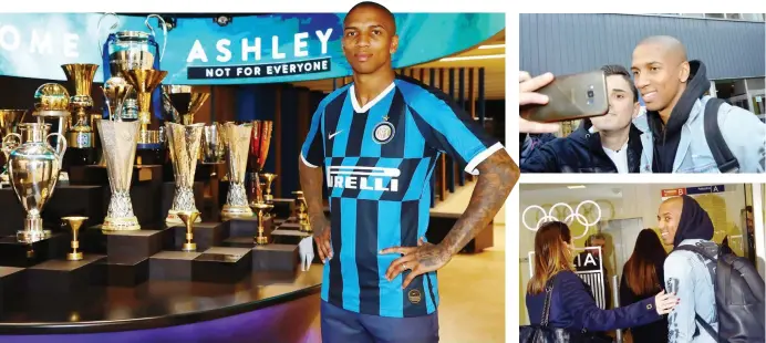  ?? GETTY, ANSA ?? Ashley Young in nerazzurro nella sala dei trofei. Accanto all’arrivo a Milano e al Coni per le visite mediche. In basso con il presidente Zhang