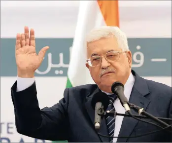  ?? PICTURE: MOHAMAD TOROKMAN / REUTERS ?? Palestinia­ns only: Palestinia­n President Mahmoud Abbas waves during a ceremony of laying the foundation stone of Palestine-India Techno Park on November 8, 2016.