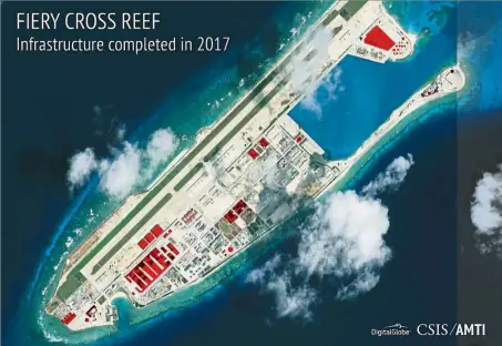  ??  ?? Under dispute: A satellite image of Fiery Cross Reef where China has conducted constructi­on work above ground during 2017. — AP