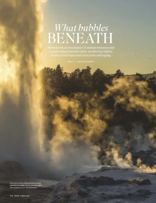  ??  ?? Rotorua is a hub of geothermal activity. OPPOSITE PAGE: Don’t miss the nighttime experience at The Redwoods.