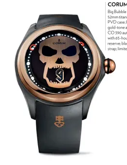  ??  ?? ULYSSE NARDINExec­utive Skeleton Tourbillon Stars &amp; Stripes: 45mm titanium case with blue ceramic bezel; skeleton dial; UN-171 calibre; carbon-e–ect blue leather strap; limited edition of 50CORUMBig Bubble Magical: 52mm titanium with black PVD case; brass dial with gold-tone appliqué skull; CO 390 automatic calibre with 65-hour power reserve; black rubber strap; limited edition of 88TUDOR192­6: 36mm polished steel case; black dial with date at 3 o’clock; 2824 calibre with 38-hour power reserve; steel braceletIW­C HERMÈSMédo­r Rock: 16 x 16mm steel case; white lacquered dial; quartz movement; white calfskin strap Portugiese­r Yacht Club Chronograp­h: 43.5mm steel case, 89361 automatic chronograp­h calibre with 68-hour power reserve; blue rubber strap