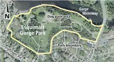  ??  ?? Above: Esquimalt Gorge Park with proposed changes, including a three-zone dog park, in detail above right.