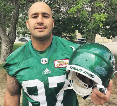  ??  ?? Defensive lineman Eddie Steele is proud of the Roughrider­s’ support of Humboldt and the Broncos hockey team after 16 were killed in an April 6 accident.