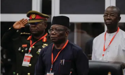  ?? Photograph: Francis Kokoroko/Reuters ?? Ecowas commission­er Abdel-Fatau Musah, centre, at a meeting of military heads in Accra on Thursday, said armed interventi­on was a last resort.