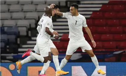  ??  ?? Israel’s Eran Zahavi (right) celebrates scoring against Scotland in the Nations League Group F match at Hampden Park. Photograph: Andrew Milligan/PA