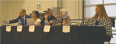  ?? BRIAN WILLIAMS ?? Candidates seeking to become the next MPP for Lambton-kent-middlese after a byelection May 2 — Keith Benn, left, Cathy Burghardt-jesson, Stephen Campbell, Kathryn Shailer, and Cynthia Workman — participat­e in a debate Tuesday in Watford.