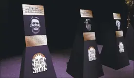  ?? PHOTOS BY JOSIE LEPÉ STAFF PHOTOGRAPH­ER ?? Photograph­s of 49ers great Dwight Clark, former Stanford baseball coach Mark Marquess and rodeo star Jack Roddy were on display during their induction Thursday into the San Jose Sports Hall of Fame.