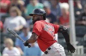  ?? JOHN BAZEMORE - THE ASSOCIATED PRESS ?? Boston Red Sox’ Jackie Bradley Jr. runs to first base after hitting a single in the third inning of a spring training baseball game against the Minnesota Twins Monday, Feb. 24, 2020, in Fort Myers, Fla.